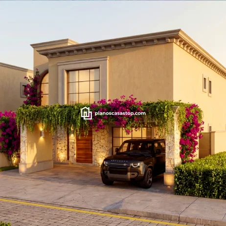 Planos de casa colonial Sauce: Diseño y elegancia natural Fachada exterior según los Planos de casa colonial Sauce con cochera de piedra, vegetación trepadora y amplios ventanales.