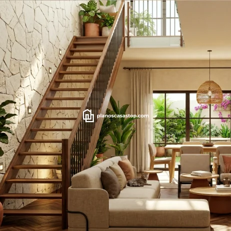 Planos de casa colonial Sauce: Interiores y Arquitectura Interior moderno basado en los planos de casa colonial Sauce con escalera de madera, pared de piedra y vista al jardín.