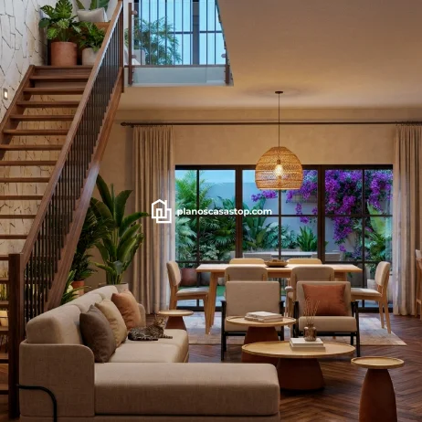 Planos de casa colonial Sauce: Diseño y Confort Moderno Diseño interior acogedor basado en los Planos de casa colonial Sauce con escalera de madera y vista a un jardín tropical.