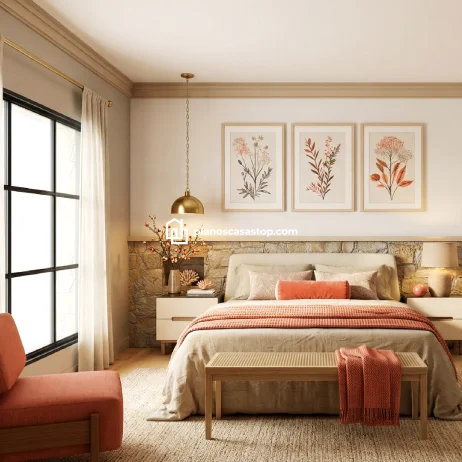 Planos de casa colonial Sauce: Dormitorios con Estilo Dormitorio principal de los Planos de casa colonial Sauce con pared de piedra, cama acogedora y decoración en tonos tierra.