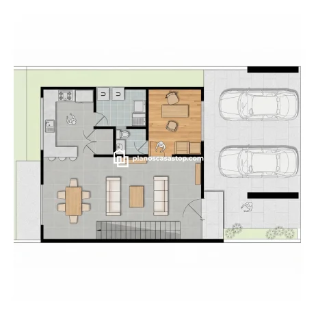 Planos de casa colonial Sauce: Elegancia y Confort Vista técnica de los Planos de casa colonial Sauce destacando la planta baja con cochera doble, estudio y áreas integradas.
