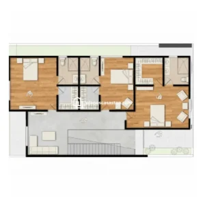 Planos de casa colonial Sauce con tres dormitorios, baños en suite y acabados de lujo en madera y piedra natural.