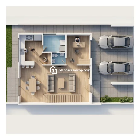 Planos de casa colonial Sauce: Diseño Moderno y Funcional Vista 3D de Planos de casa colonial Sauce con diseño de planta baja, áreas sociales integradas, oficina y cochera para dos vehículos.