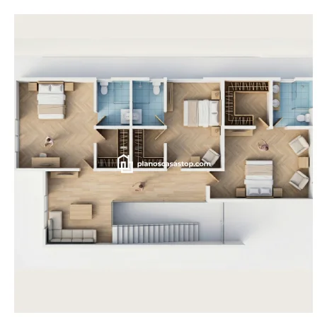 Planos de casa colonial Sauce: Diseño Moderno y Elegante Vista aérea 3D de Planos de casa colonial Sauce con tres dormitorios, pisos de madera clara y baños con azulejos azules.