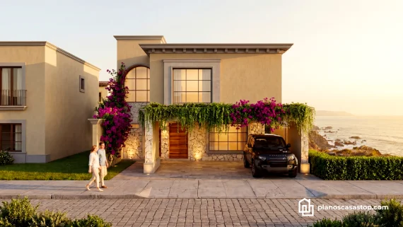 Fachada de lujo inspirada en los Planos de casa colonial Sauce con acabados en piedra, madera y buganvilias frente al mar.