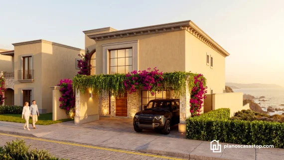 Render de fachadas y planos de casa colonial Sauce con bugambilias, acabados en piedra y garage frente al mar.
