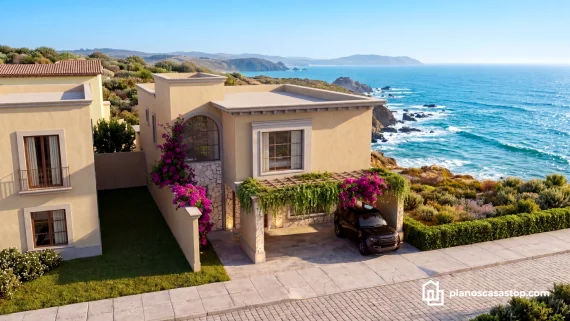 Render de Planos de casa colonial Sauce con fachada de piedra, pergola de bugambilias y vistas panoramicas al mar azul.