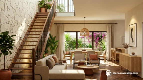 Interior luminoso de sala y comedor según los Planos de casa colonial Sauce con pared de piedra y escalera de madera.