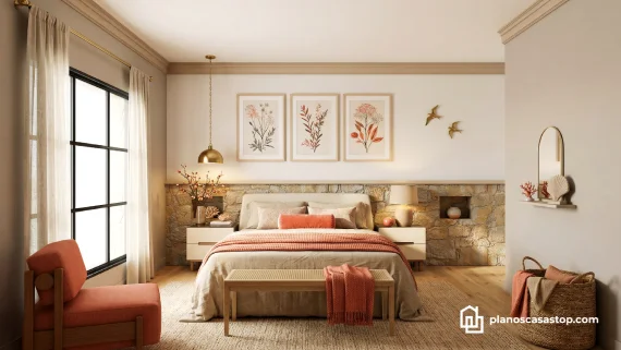 Dormitorio con pared de piedra y tonos terracota, ideal para los diseños de los Planos de casa colonial Sauce con estilo rústico.