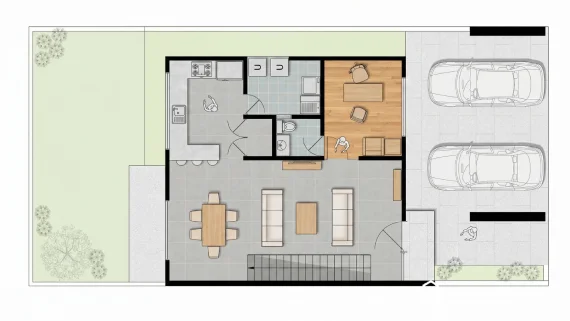 Planos de casa colonial Sauce detallando planta baja con doble cochera, sala-comedor abierta, estudio y jardín posterior.