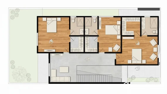 Planos de casa colonial Sauce con tres dormitorios, pisos de madera, baños modernos y amplia sala de estar integrada.
