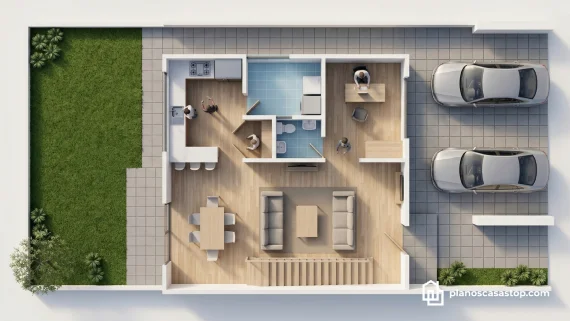 Vista aérea 3D de los Planos de casa colonial Sauce con cocina abierta, sala, comedor, estudio, jardín y cochera doble.