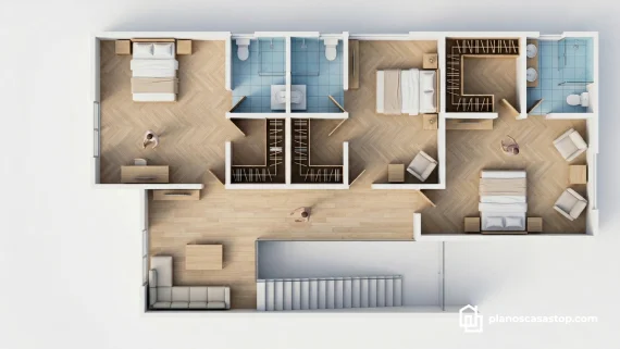 Vista 3D de Planos de casa colonial Sauce con tres dormitorios, suelos de madera y distribución funcional de espacios interiores.
