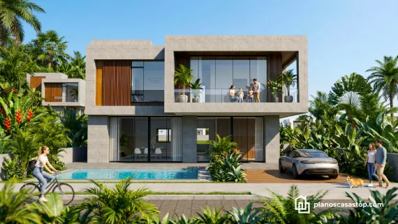 Planos de casa moderna Vallarta con fachada de concreto, piscina frontal y amplios ventanales en entorno tropical.