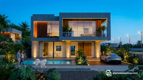 Fachada de lujo con iluminación LED, alberca y acabados en piedra. Diseño inspirado en planos de casa moderna Vallarta con cristales amplios.