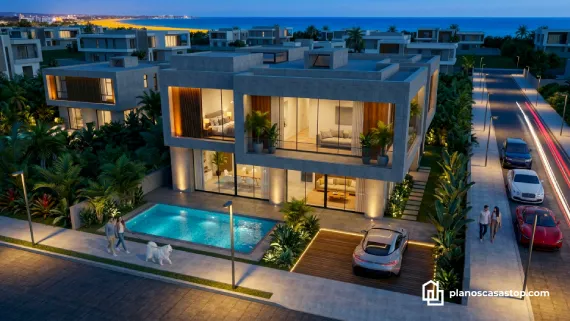 Render de planos de casa moderna Vallarta con alberca iluminada, ventanales de piso a techo y fachada minimalista de lujo.