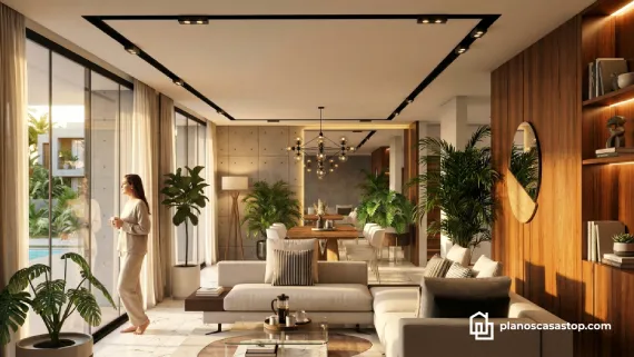 Interiores de lujo y planos de casa moderna Vallarta con sala abierta, ventanales grandes y acabados de madera natural.