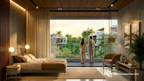Dormitorio de lujo con ventanal panorámico en planos de casa moderna Vallarta con techos de madera y vista a la selva.