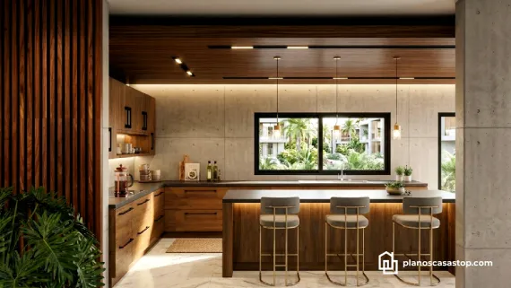 Interior de cocina con acabados en madera y concreto basado en los planos de casa moderna Vallarta con vista tropical.