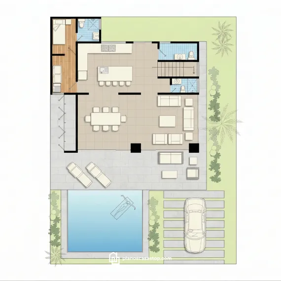Planos de casa moderna Vallarta con planta baja abierta, alberca, jardín tropical y distribución funcional contemporánea.