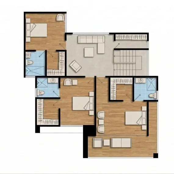 Planos de casa moderna Vallarta con tres recámaras, pisos de madera, baños integrados y amplia sala de estar abierta.