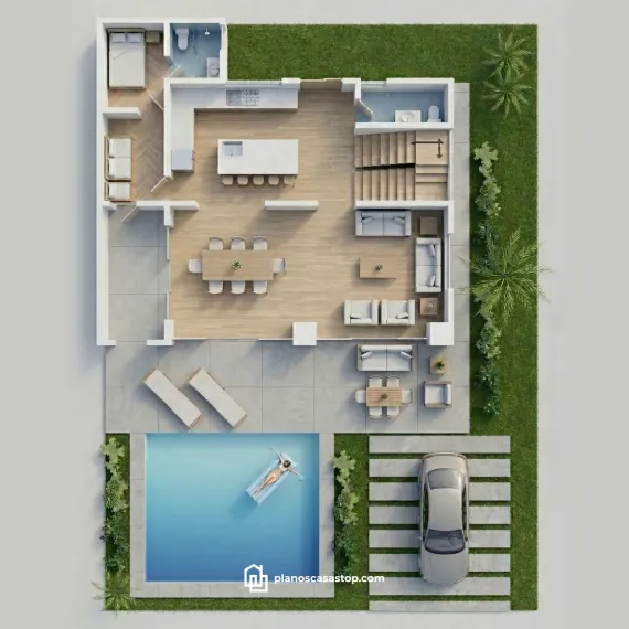 Planos de casa moderna Vallarta con vista aérea 3D, piscina privada, terraza amplia, cocina abierta y jardines tropicales.