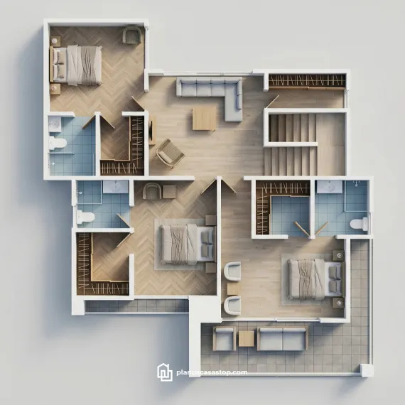 Planos de casa moderna Vallarta con tres recámaras, sala de estar amplia, acabados en madera y terraza exterior minimalista.