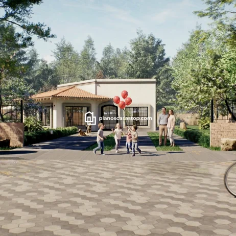 Diseños y planos de casa de 1 piso con estilo moderno Fachada de casa moderna con jardines y familia, ideal para buscar planos de casa de 1 piso funcionales y acogedores.