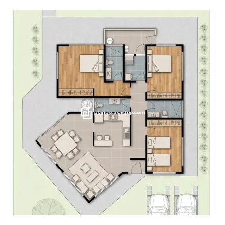 Planos de casa de 1 piso modernos: Diseño de 3 dormitorios Vista superior de planos de casa de 1 piso con tres dormitorios, pisos de madera, zona social amplia y dos espacios de parking.