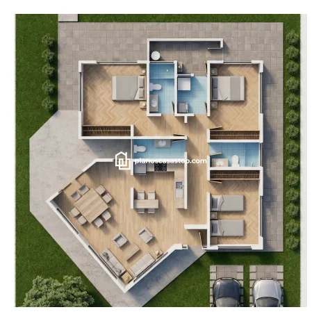 Mejores Planos de Casa de 1 Piso para Familias Modernas Render exterior de una familia disfrutando de modernos planos de casa de 1 piso con fachadas blancas y techos de teja.