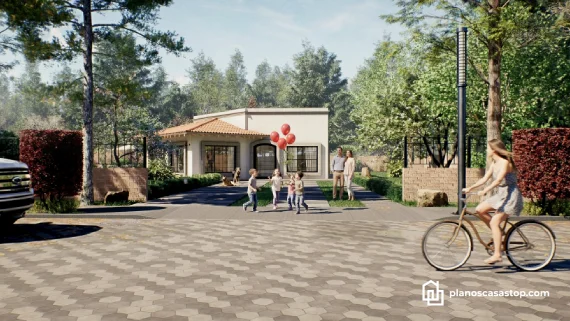 Render de planos de casa de 1 piso con estilo mediterráneo, piscina moderna, jardín amplio y acabados en teja de barro.