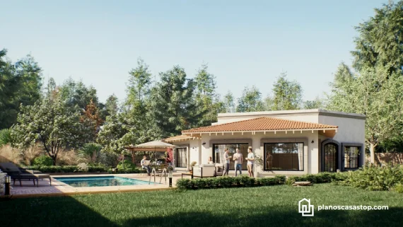 Render de planos de casa de 1 piso con piscina, terraza de madera, techo de tejas y un diseño arquitectónico mediterráneo.