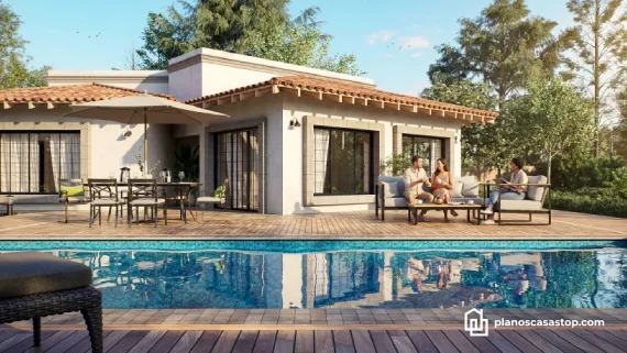 Jardín con pérgola de madera y muebles modernos, ideal para complementar los planos de casa de 1 piso con exteriores.