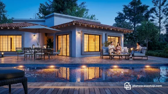 Terraza moderna con pérgola de madera y luces, ideal para complementar planos de casa de 1 piso con jardín.