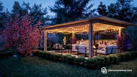 Fachada iluminada de planos de casa de 1 piso con estilo rústico moderno, rodeada de árboles y jardines en la noche.