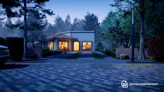 Planos de casa de 1 piso con piscina, fachada de tejas y ventanales iluminados en un amplio jardín al atardecer.