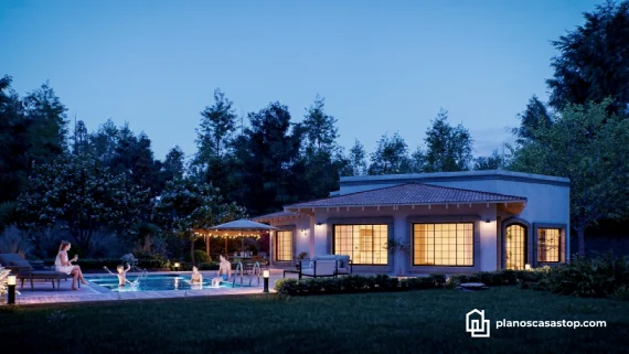 Render nocturno de planos de casa de 1 piso con piscina iluminada, terraza de madera y diseño arquitectónico mediterráneo.