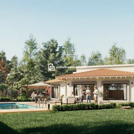 Planos de Casa de 1 Piso con Piscina y Estilo Colonial Render de fachada posterior de planos de casa de 1 piso con piscina, terraza de madera y techo de tejas de barro.