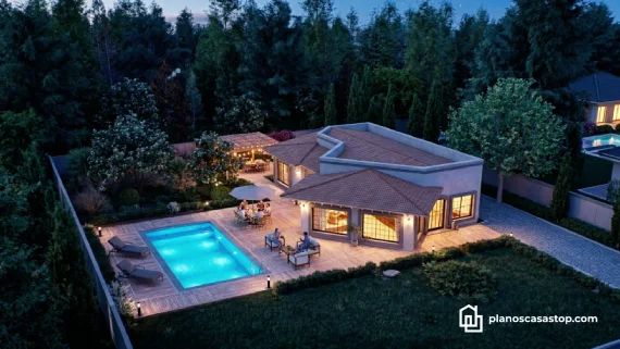 Planos de casa de 1 piso con tres dormitorios, cocina abierta, terraza exterior y estacionamiento doble en diseño moderno.