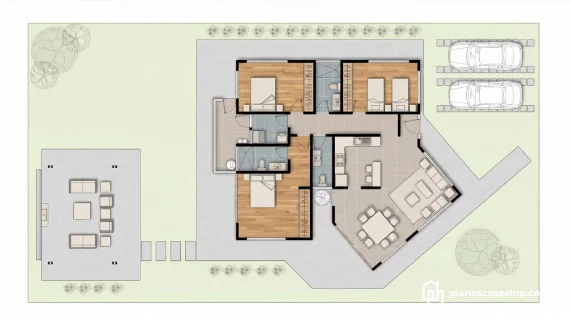 Vista 3D de planos de casa de 1 piso con tres dormitorios, baños de azulejos azules, garaje doble y gran terraza exterior.