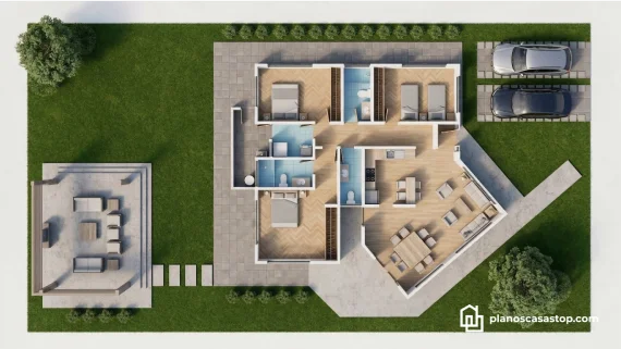 Moderno render 3D de planos de casa de 1 piso con tres dormitorios, sala abierta, cocina integrada y pisos de madera clara.