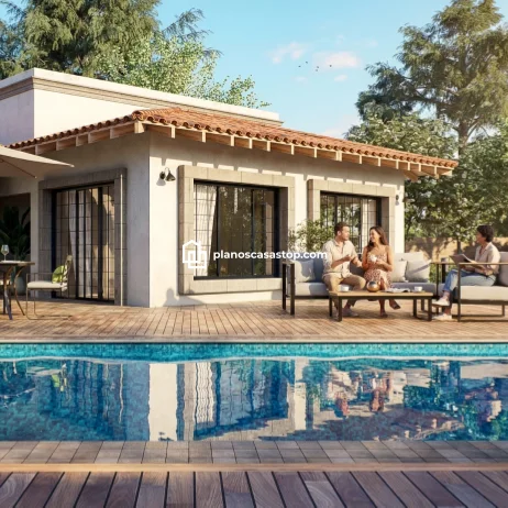 Planos de casa de 1 piso con piscina y estilo rústico Fachada de casa de un nivel con piscina y deck de madera, inspirada en planos de casa de 1 piso con estilo mediterráneo y tejas.