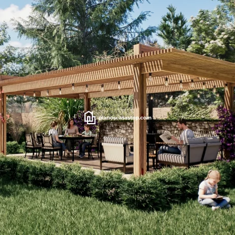 Planos de casa de 1 piso: Diseño de jardín con pérgola Familia disfrutando de una pérgola de madera moderna en el jardín, ideal para completar planos de casa de 1 piso.