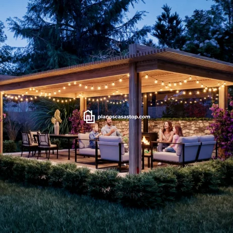 Planos de Casa de 1 Piso con Terraza Moderna y Jardín Terraza acogedora con pérgola de madera y luces, parte esencial de los planos de casa de 1 piso con jardín exterior.