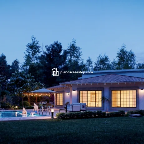 Planos de casa de 1 piso con piscina y estilo moderno Render nocturno de planos de casa de 1 piso con piscina, fachada blanca, techo de teja y grandes ventanales iluminados.