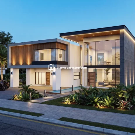 Planos de Casa Moderna Nogal: Arquitectura y Diseño Fachada de lujo con planos de casa moderna nogal, ventanales amplios, acabados en madera y piedra en dos niveles.