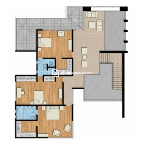 Diseño y Planos de Casa Moderna Nogal con 3 Dormitorios Vista superior de planos de casa moderna nogal con tres recámaras, pisos laminados de madera y distribución funcional.