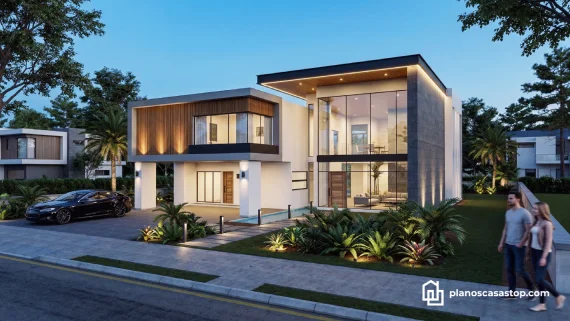 Fachada de lujo basada en planos de casa moderna nogal con ventanales de doble altura, acabados en madera y diseño contemporáneo.