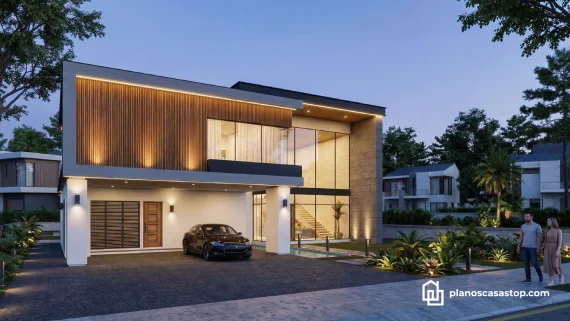 Fachada exterior según planos de casa moderna nogal con texturas de madera, ventanales panorámicos y luz LED cálida nocturna.