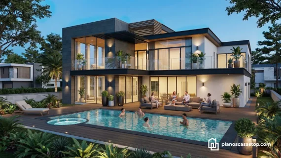 Render exterior con piscina iluminada basado en planos de casa moderna nogal con fachadas de piedra y grandes ventanales.